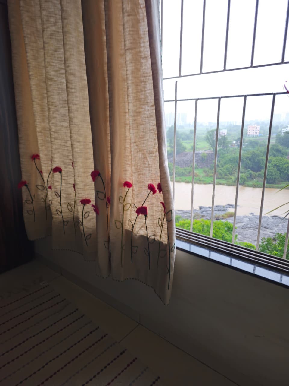 Blossom Meadow Hand Embroidered Cotton Curtain | Handcrafted Floral Window Curtain
