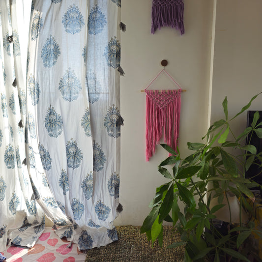 Sheer White Block Printed Curtain with Blue Motifs and Grey Tassels