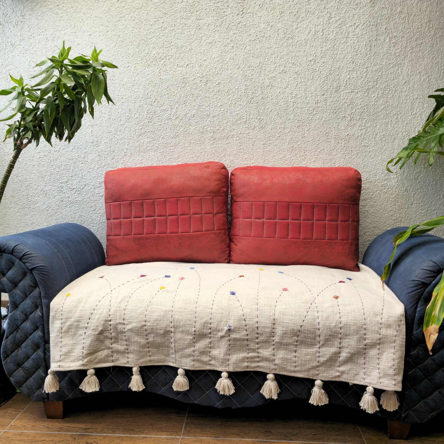 Handwoven Beige Slub Cotton Sofa Cover with Embroidered Flowers & Tassels