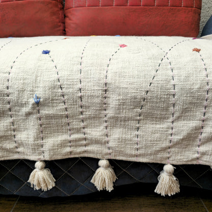 Handwoven Beige Slub Cotton Sofa Cover with Embroidered Flowers & Tassels