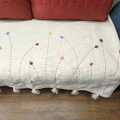 Handwoven Beige Slub Cotton Sofa Cover with Embroidered Flowers & Tassels