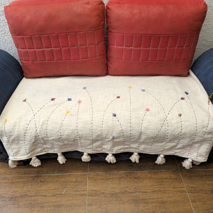 Handwoven Beige Slub Cotton Sofa Cover with Embroidered Flowers & Tassels