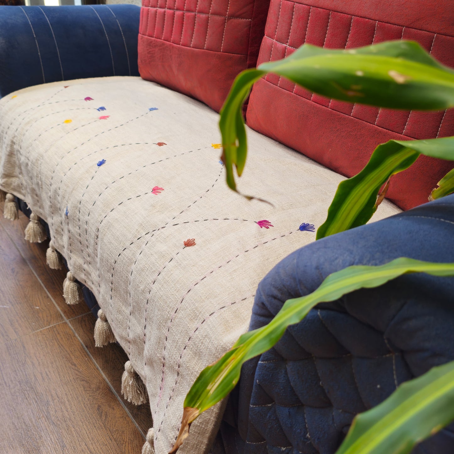 Handwoven Beige Slub Cotton Sofa Cover with Embroidered Flowers & Tassels