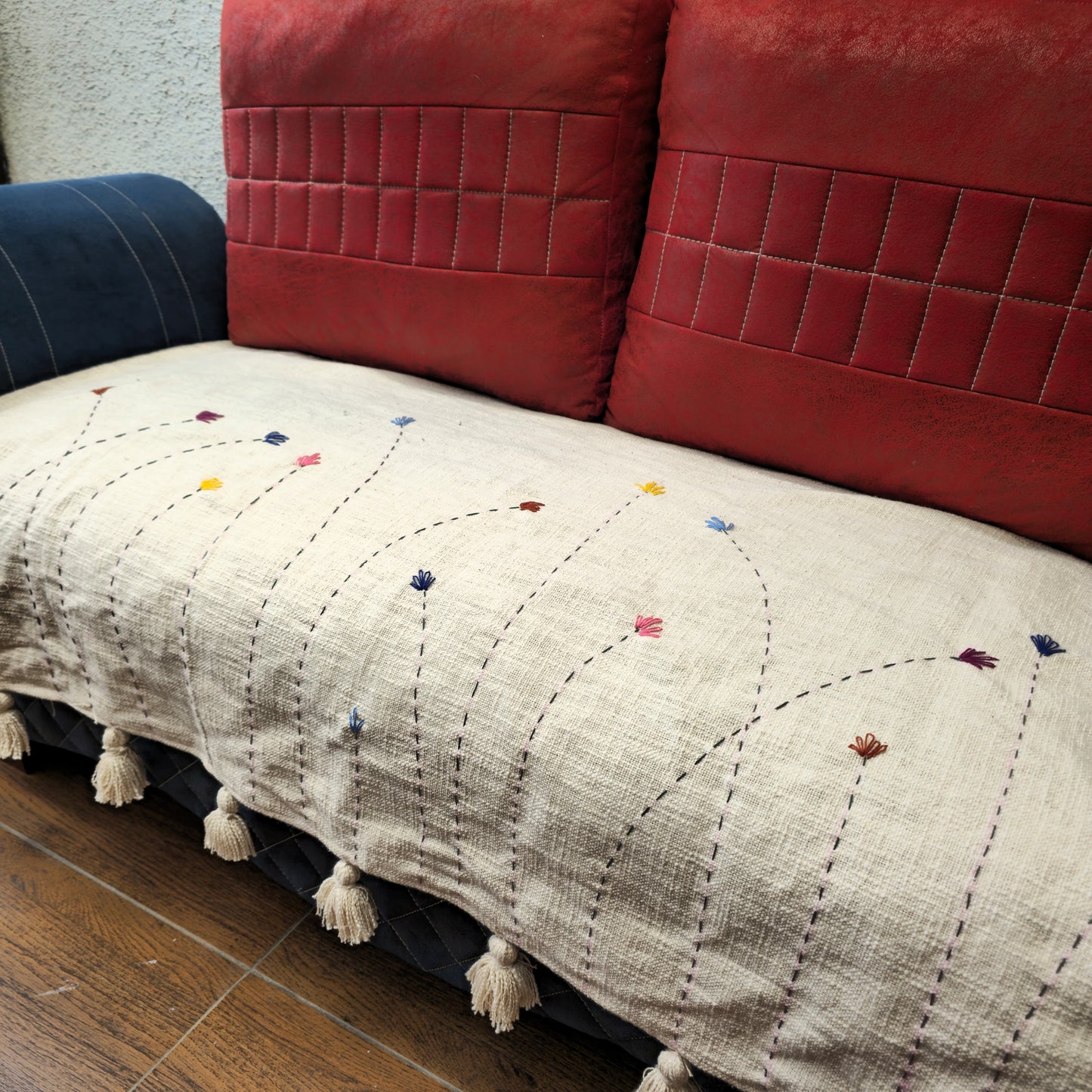 Handwoven Beige Slub Cotton Sofa Cover with Embroidered Flowers & Tassels