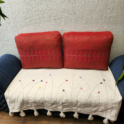 Handwoven Beige Slub Cotton Sofa Cover with Embroidered Flowers & Tassels