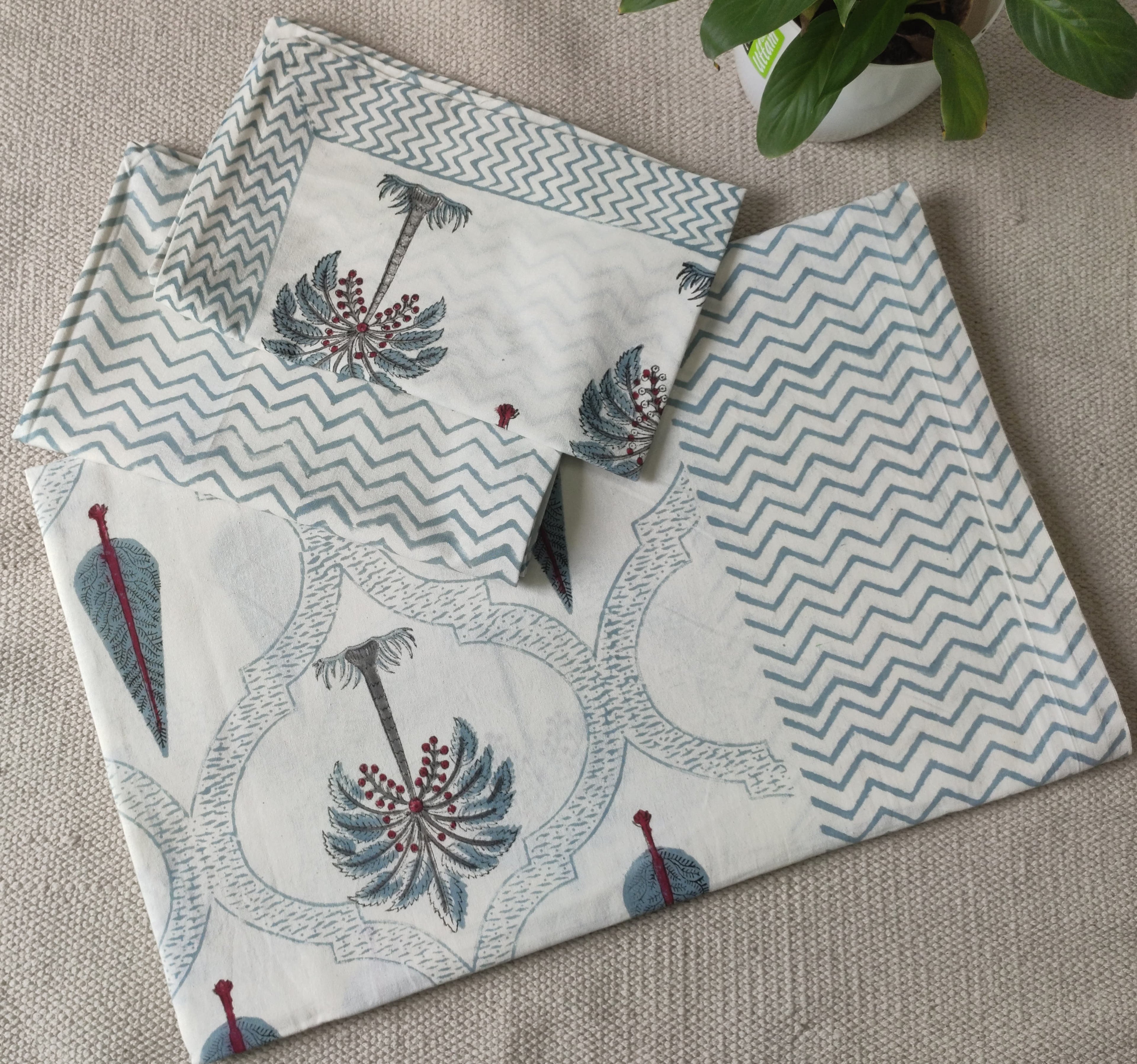 White Bedsheet – Grey Coconut Tree & Leaf Block Printed Cotton + Pillow Covers (100×108″)