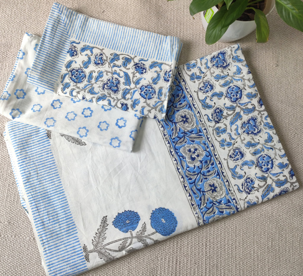 White Bedsheet – Blue Floral Hand Block Printed Cotton + Pillow Covers (100×108″)