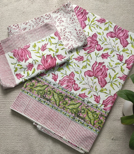 White Cotton Bedsheet – Large Pink & Green Floral Block Print with Border + Pillow Covers (100×108″)