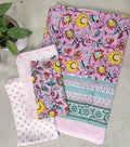 Pink Floral Block Printed Cotton Bedsheet – Yellow, Red & Teal Motifs + Pillow Covers (100×108″)