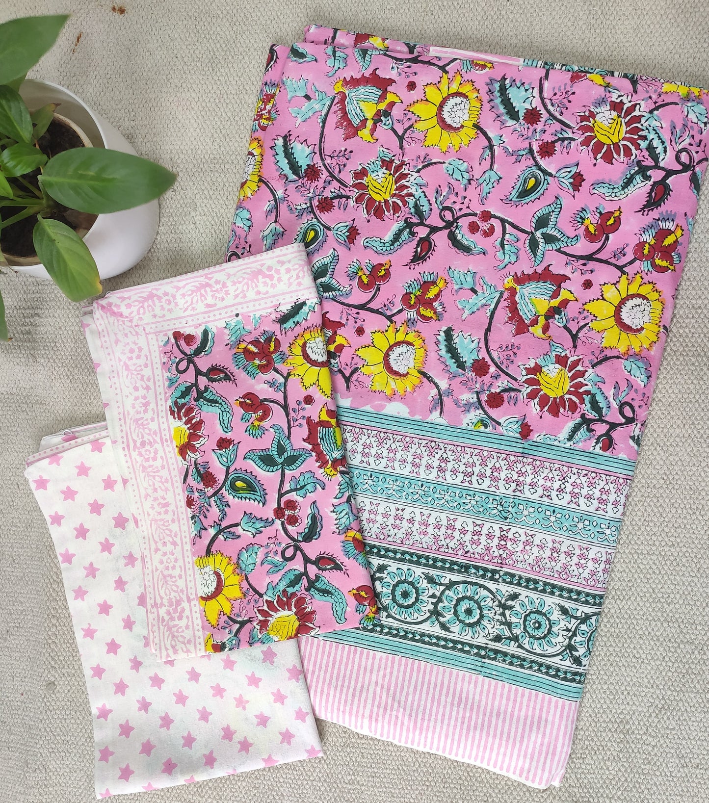 Pink Floral Block Printed Cotton Bedsheet – Yellow, Red & Teal Motifs + Pillow Covers (100×108″)