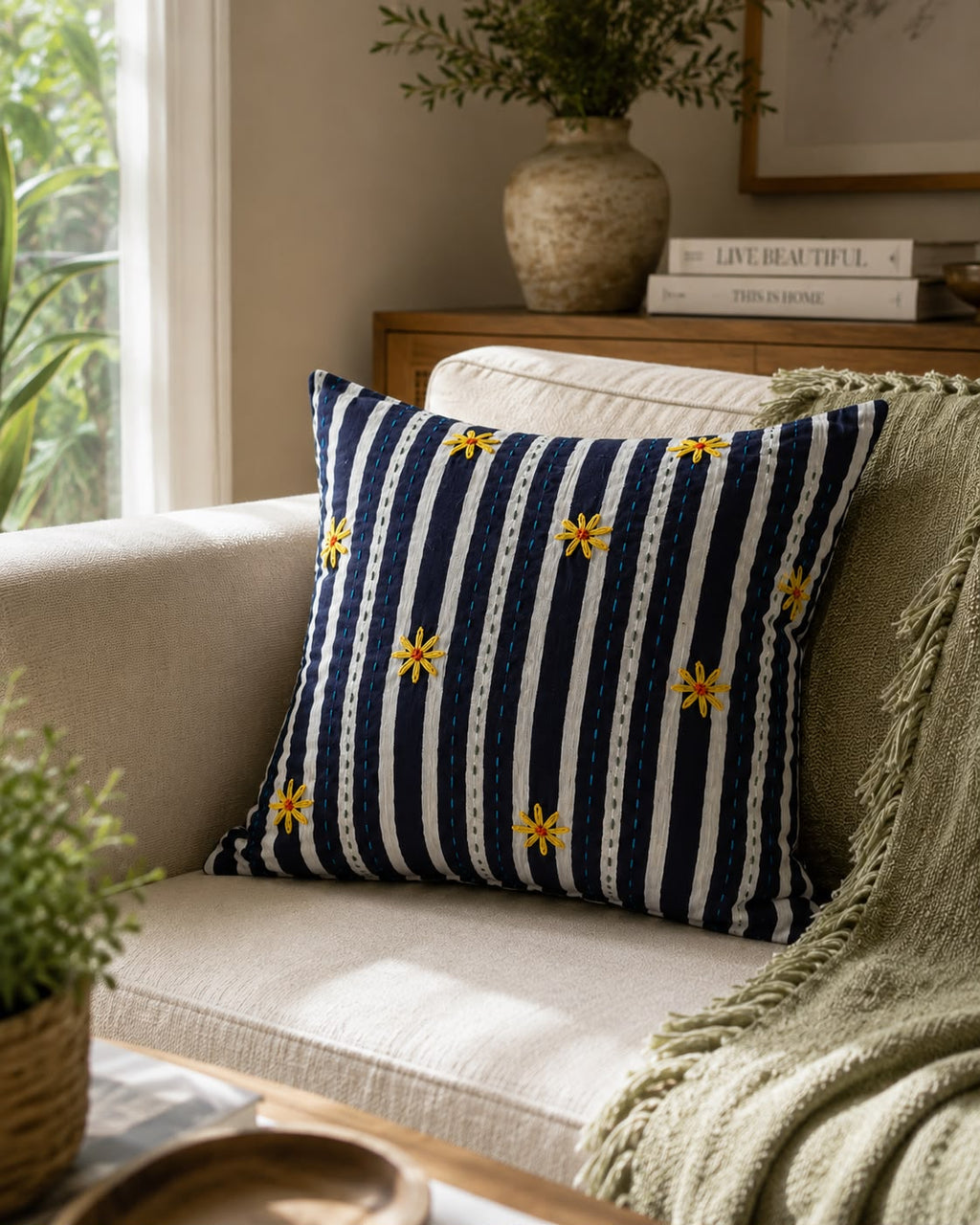 Handcrafted Navy Stripe Cushion Cover with Floral Embroidery | Premium Cotton