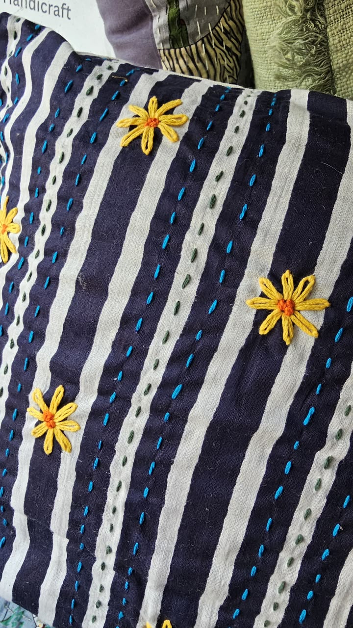 Handcrafted Navy Stripe Cushion Cover with Floral Embroidery | Premium Cotton