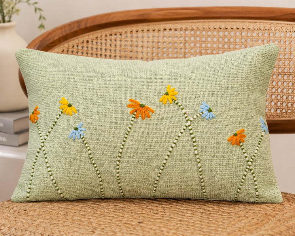 Hand Embroidered Wind bloom Cushion Cover | Bespoke artisan crafted handloom Sage Green