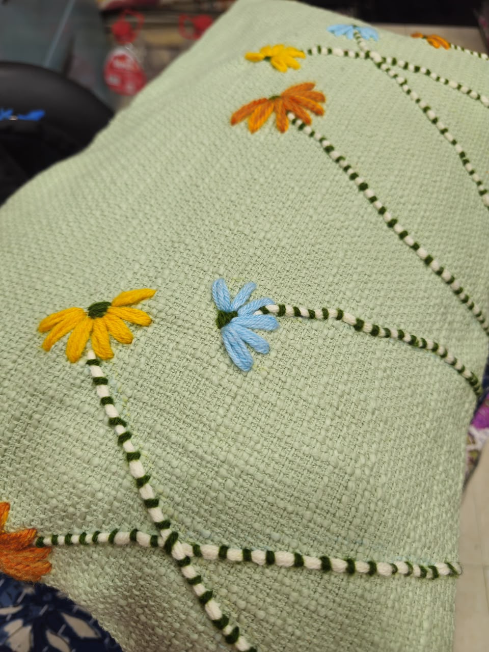 Hand Embroidered Wind bloom Cushion Cover | Bespoke artisan crafted handloom Sage Green