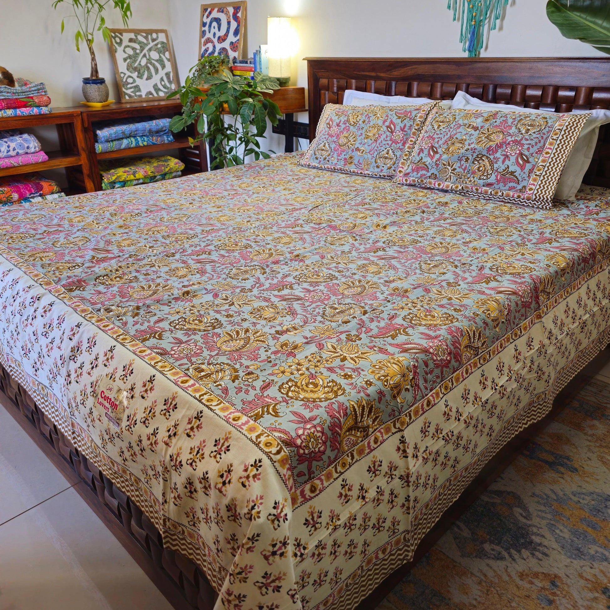 Pure Cotton White And Beige Floral King Size Bed Sheet