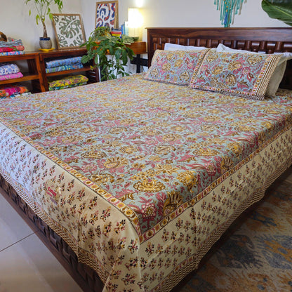 Pure Cotton White And Beige Floral King Size Bed Sheet