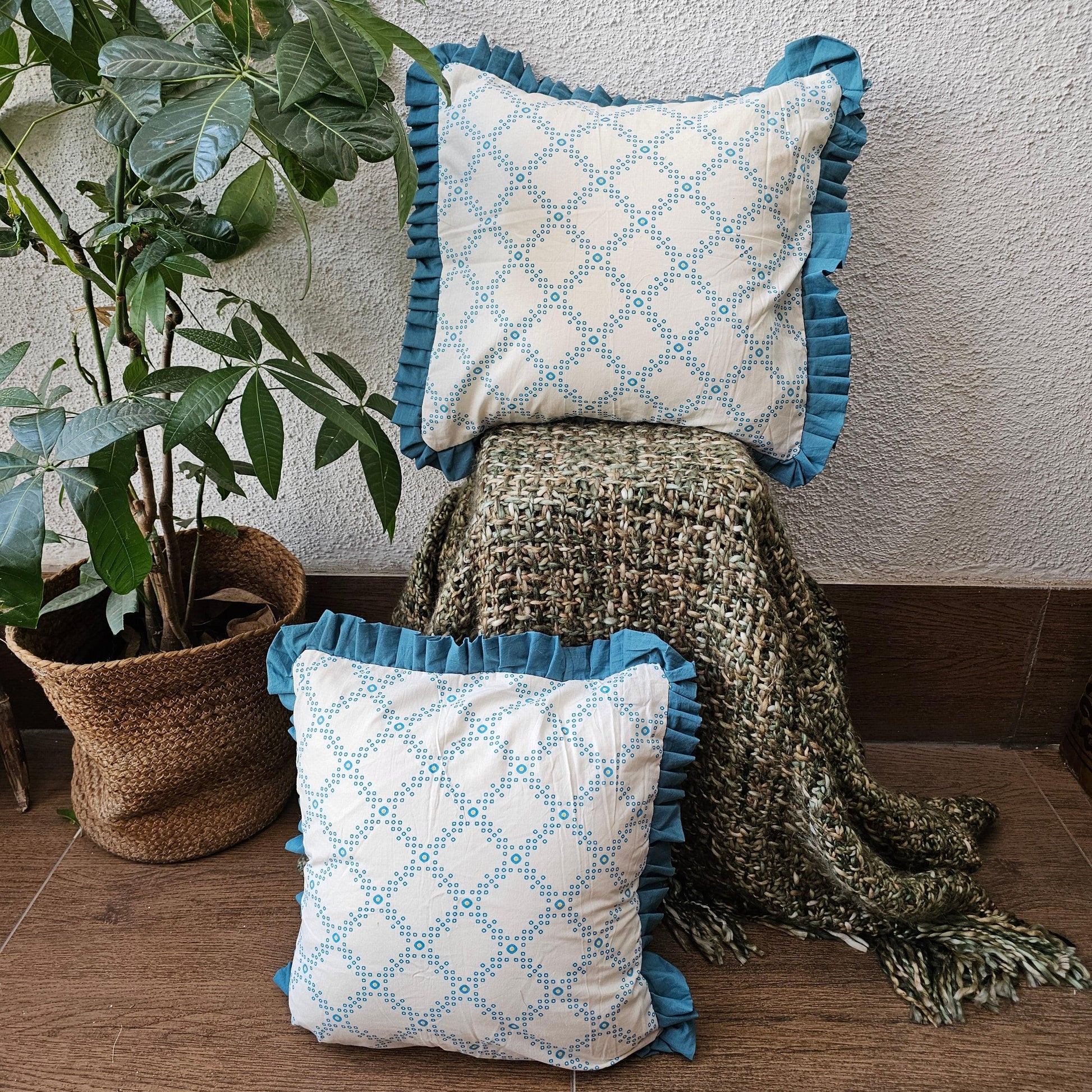White And Blue Bandhani Pattern Handcrafted Cushion Cover With Frills