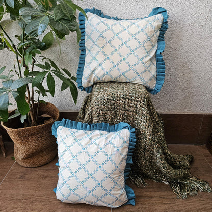 White And Blue Bandhani Pattern Handcrafted Cushion Cover With Frills
