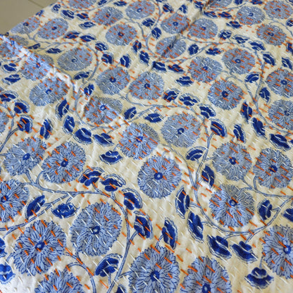 White And Blue Kantha Work Floral Bedcover