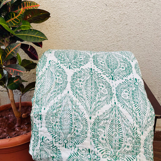 White And Green Kantha Work Bedcover