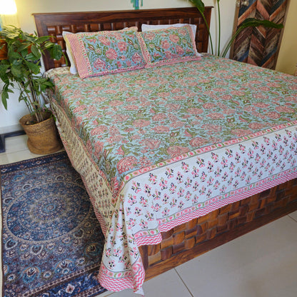 Pure Cotton White And Pink Floral King Size Bed Sheet