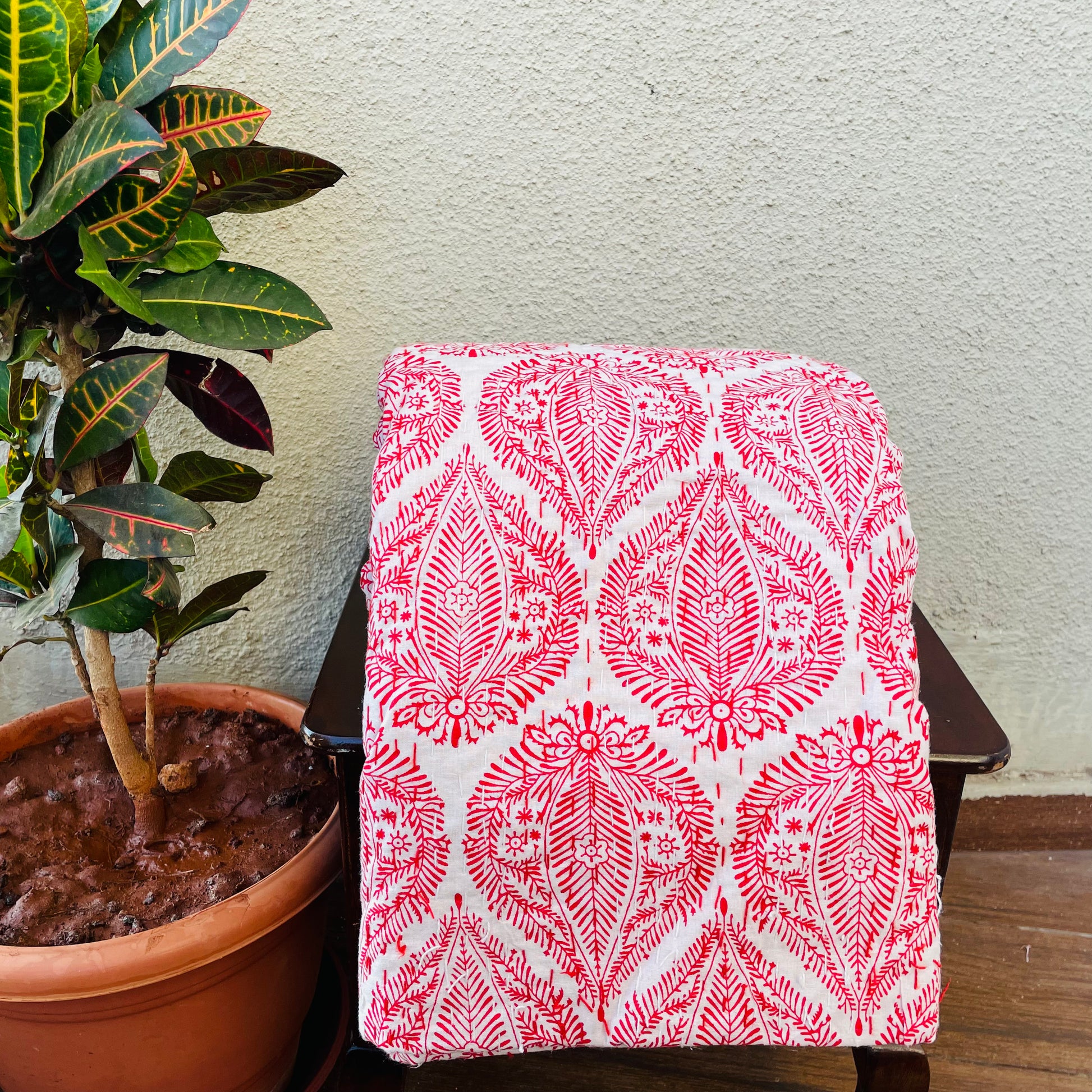 White And Red Kantha Work Bedcover