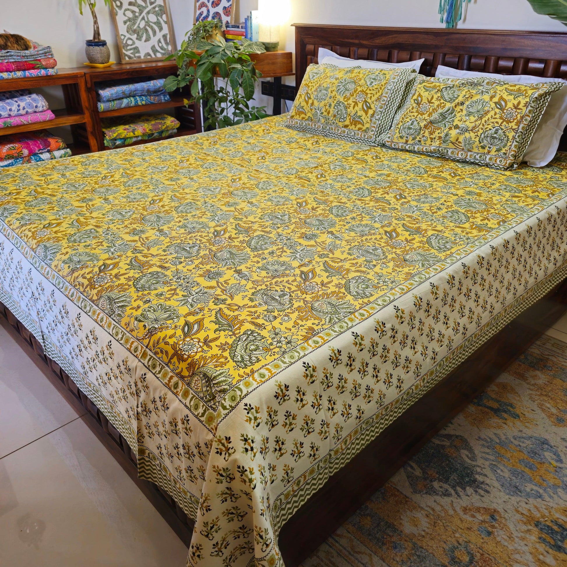 Pure Cotton White And Yellow Floral King Size Bed Sheet