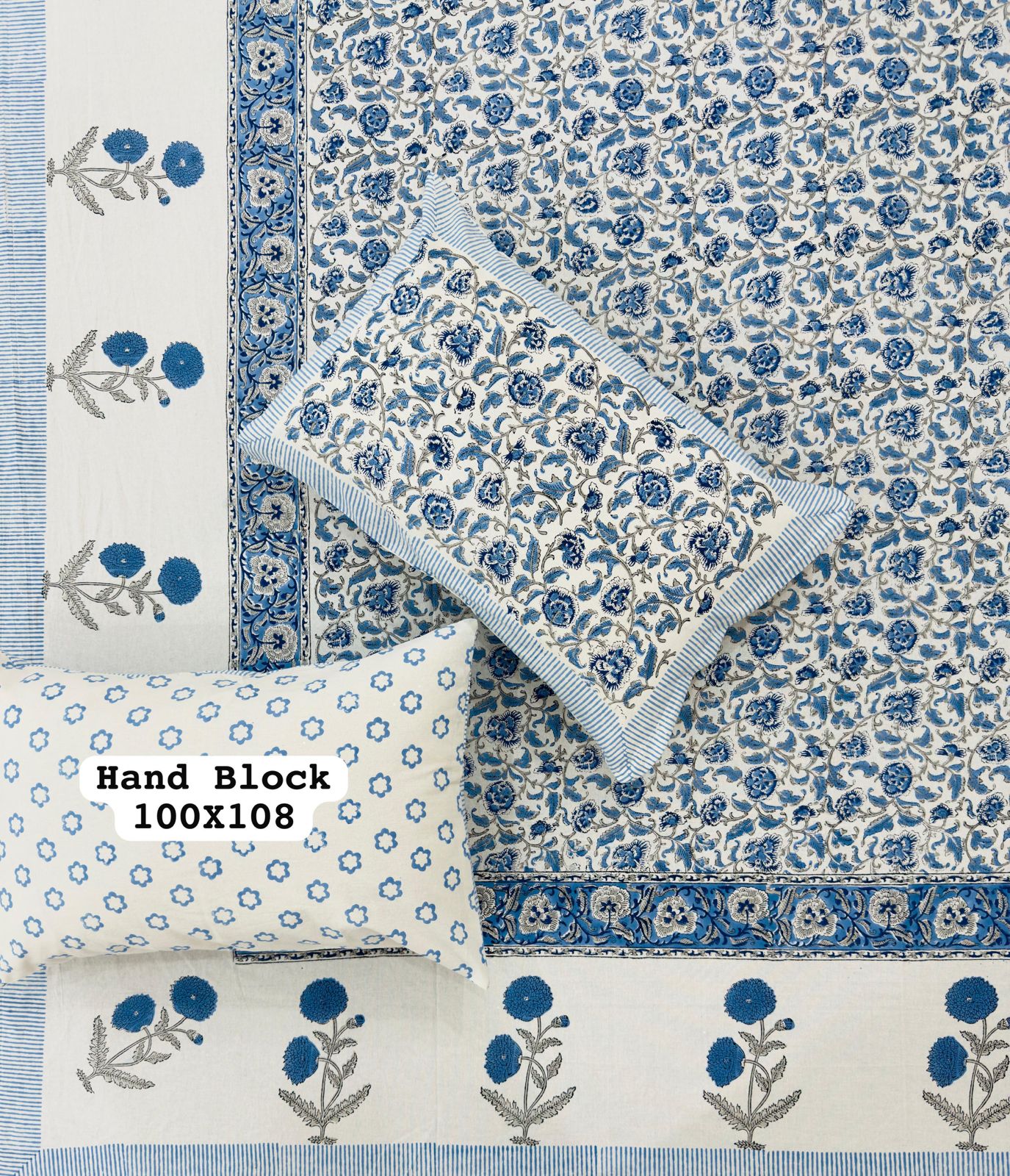 White Bedsheet – Blue Floral Hand Block Printed Cotton + Pillow Covers (100×108″)