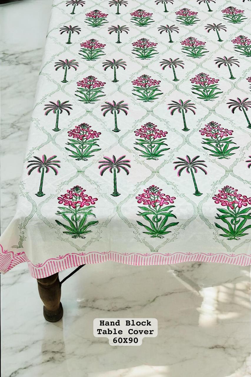 White Block Printed Table Cover – Coconut Tree & Floral Motif, Cotton 6-Seater