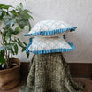 White And Blue Bandhani Pattern Handcrafted Cushion Cover With Frills