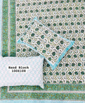 White Cotton Bedsheet – Green & Blue Hand Block Printed Floral Motifs + Pillow Covers (100×108″)