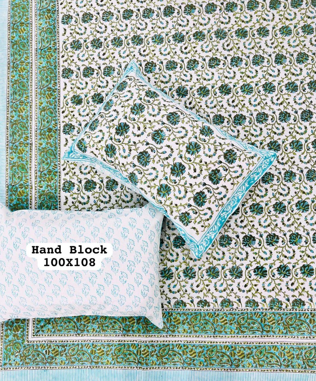 White Cotton Bedsheet – Green & Blue Hand Block Printed Floral Motifs + Pillow Covers (100×108″)