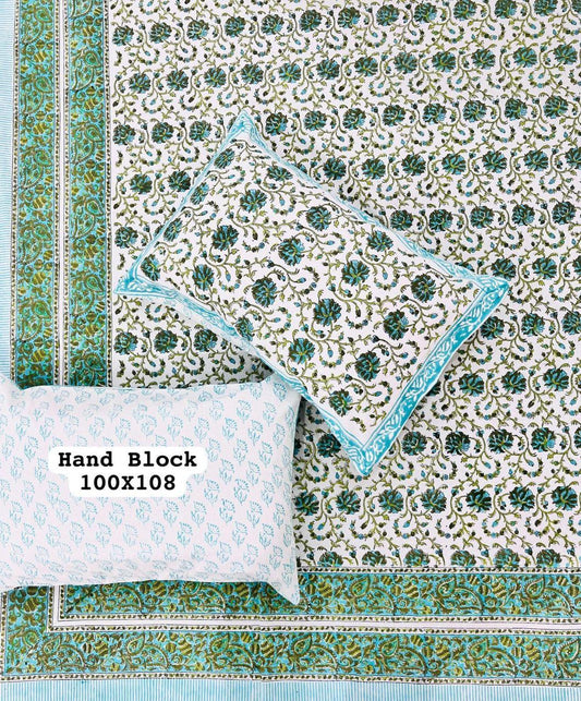 White Cotton Bedsheet – Green & Blue Hand Block Printed Floral Motifs + Pillow Covers (100×108″)