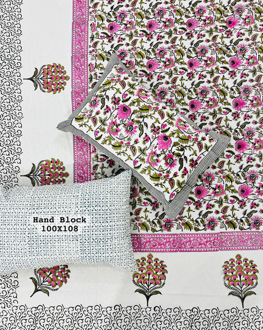 White Cotton Bedsheet – Pink & Green Floral Hand Block Prints + Pillow Covers (100×108″)