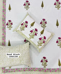 White Cotton Bedsheet – Pink & Green Floral Leaf Block Print + Pillow Covers (100×108″)