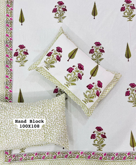 White Cotton Bedsheet – Pink & Green Floral Leaf Block Print + Pillow Covers (100×108″)
