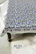 White Cotton Block Printed Table Cover – Blue & Purple Floral Motifs