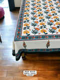 White Cotton Block Printed Table Cover – Teal, Orange & Yellow Floral Motifs