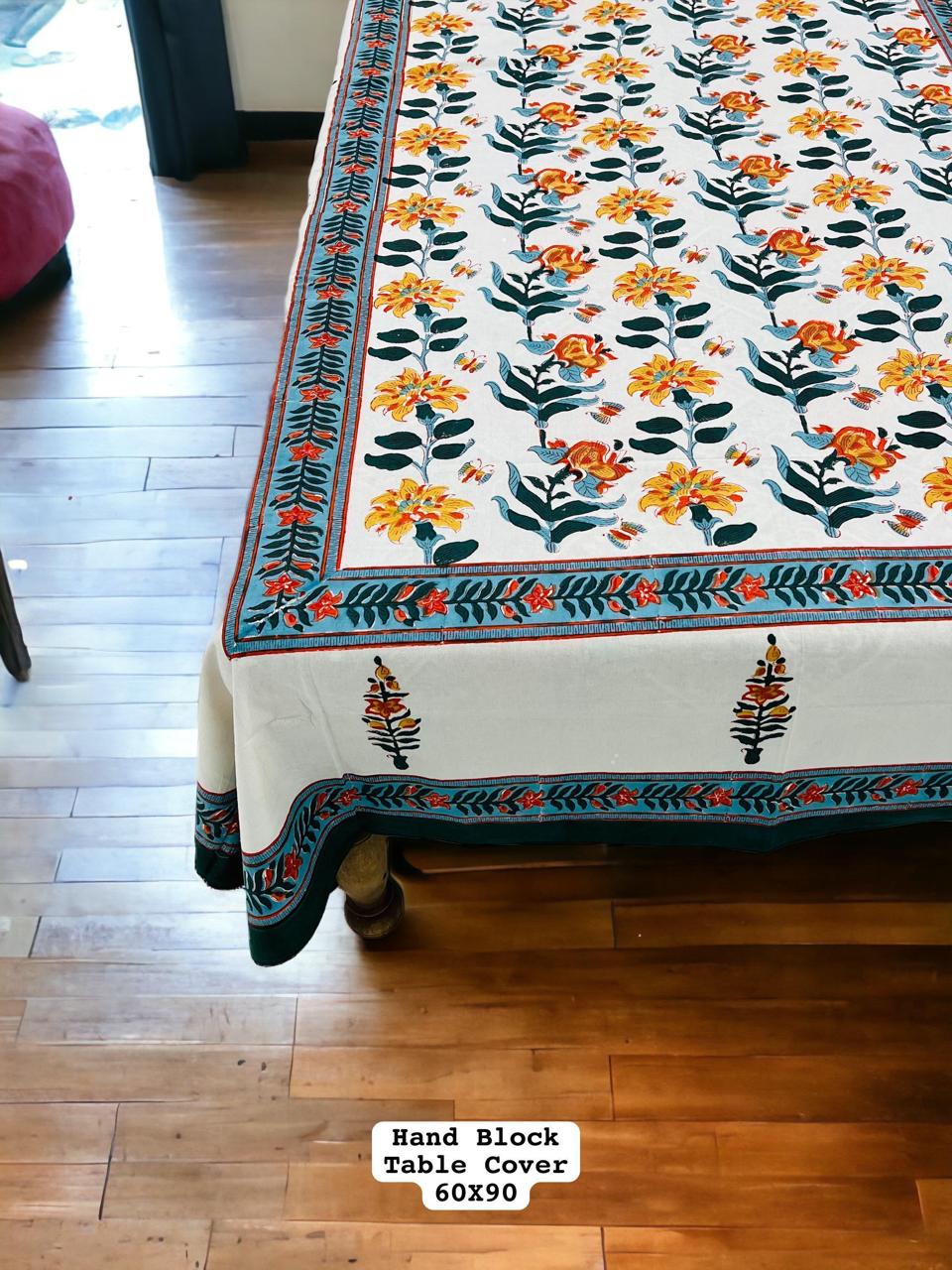 White Cotton Block Printed Table Cover – Teal, Orange & Yellow Floral Motifs