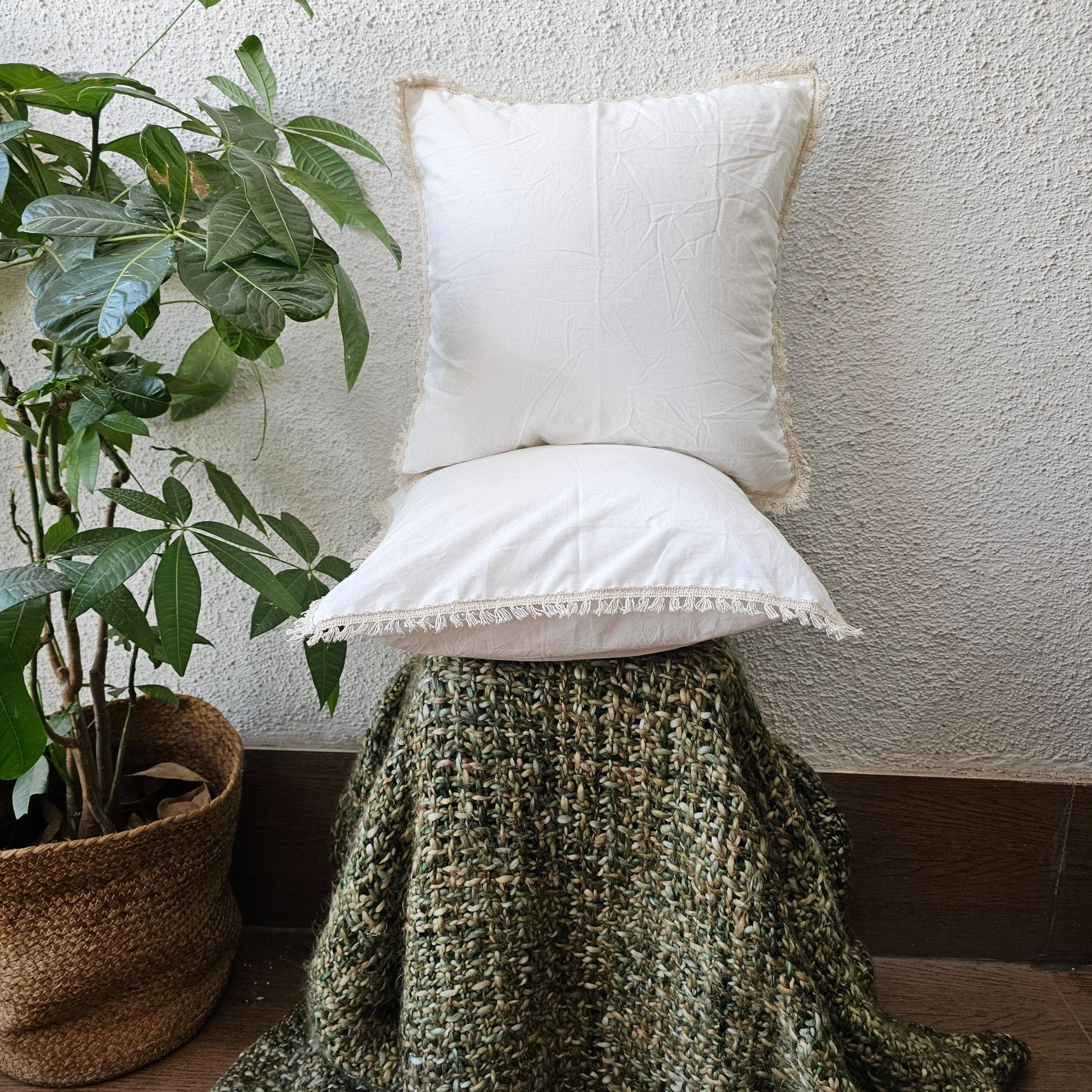 White Handcrafted Cushion Cover With Off White Lace