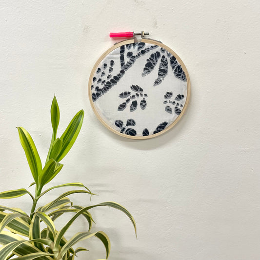 White Fabric Embroidery Hoop with Black Abstract Motifs – Upcycled Material | Multiple Sizes