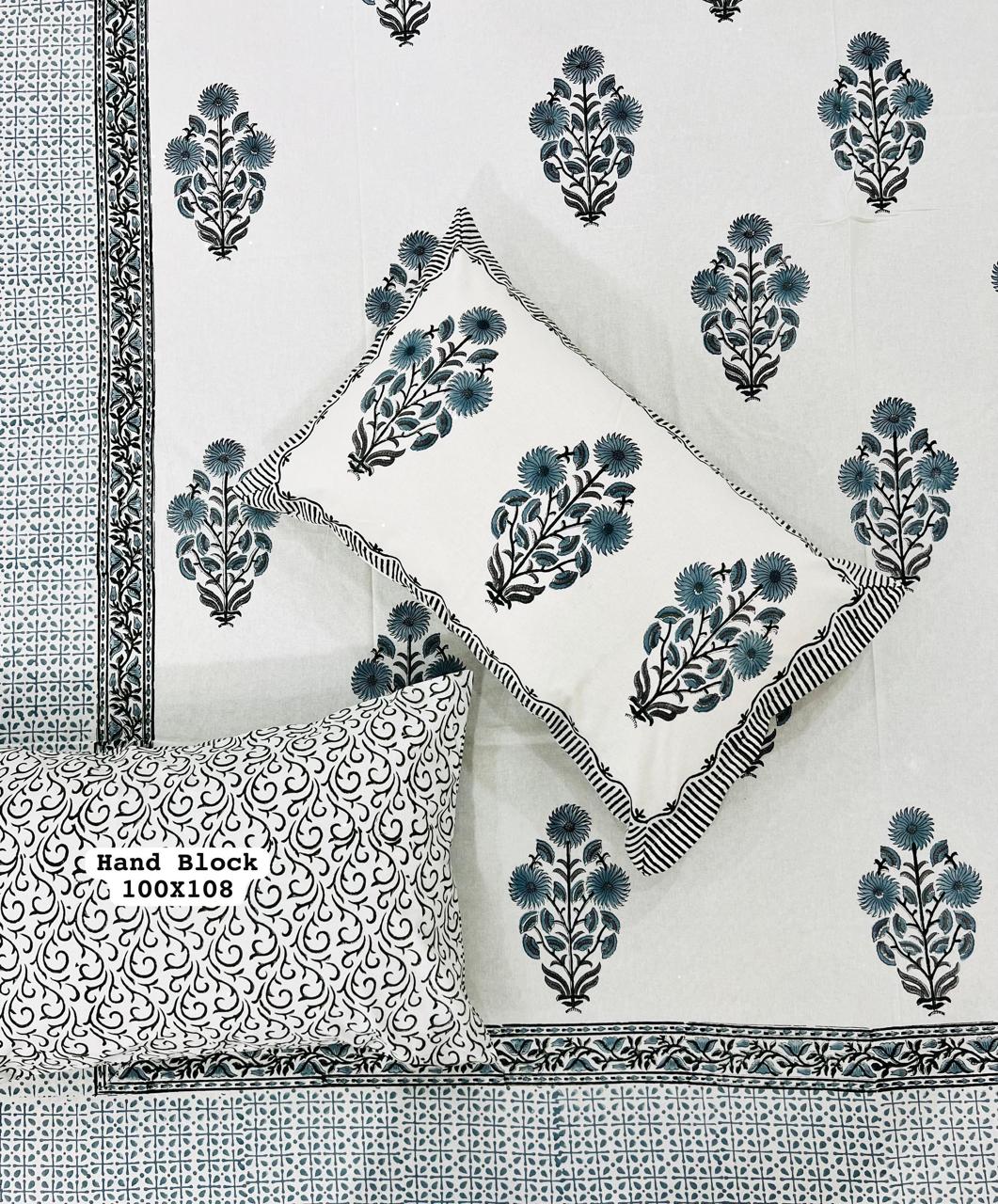 White & Grey Floral Bedsheet – Block Printed 100×108″ Set