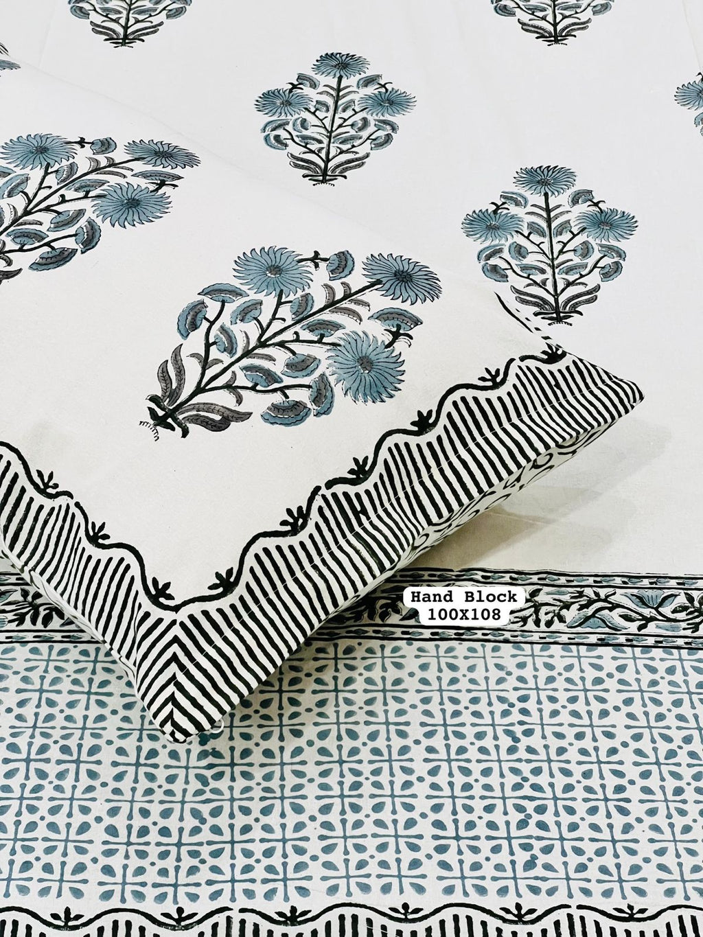 White & Grey Floral Block Printed Bedsheet – 100% Cotton with Border + Pillow Covers (100×108″)