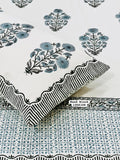 White & Grey Floral Block Printed Bedsheet – 100% Cotton with Border + Pillow Covers (100×108″)