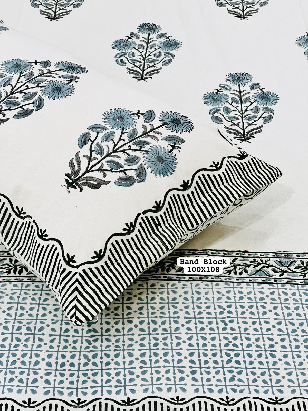 White & Grey Floral Block Printed Bedsheet – 100% Cotton with Border + Pillow Covers (100×108″)