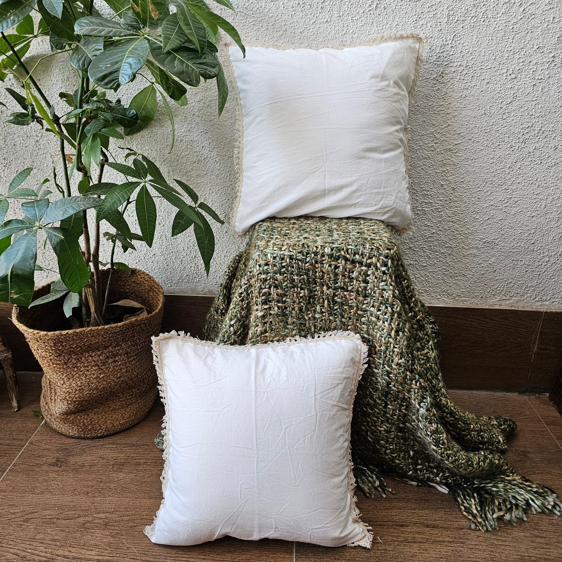 White Handcrafted Cushion Cover With Off White Lace