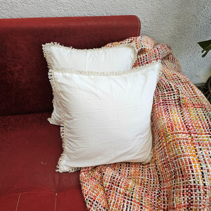 White Handcrafted Cushion Cover With Off White Lace