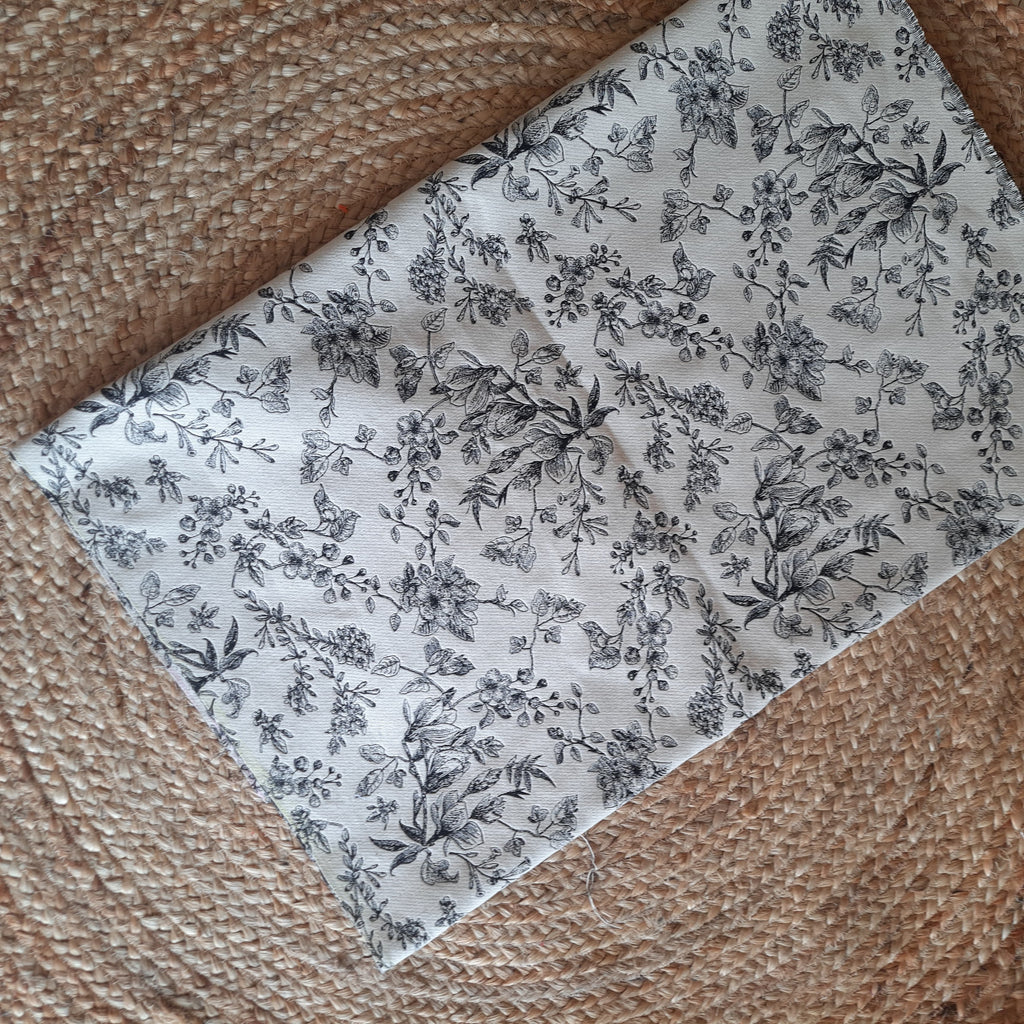 White Handloom Cotton Sofa Cover with Black Leaf Artwork – Elegant & Durable