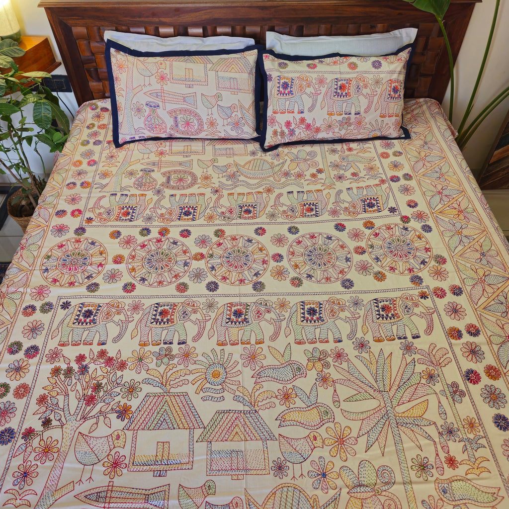 Pure Cotton White Multi Colour Bed Sheet With Blue Border