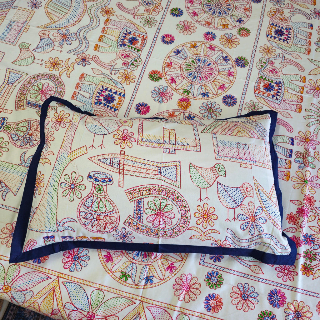Pure Cotton White Multi Colour Bed Sheet With Blue Border